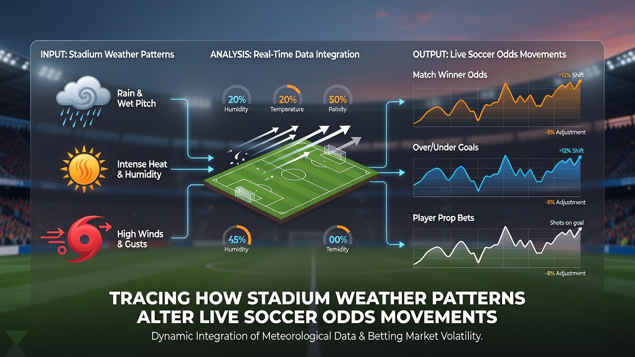 Live soccer betting interface displaying real-time odds changes alongside weather data overlays during a match